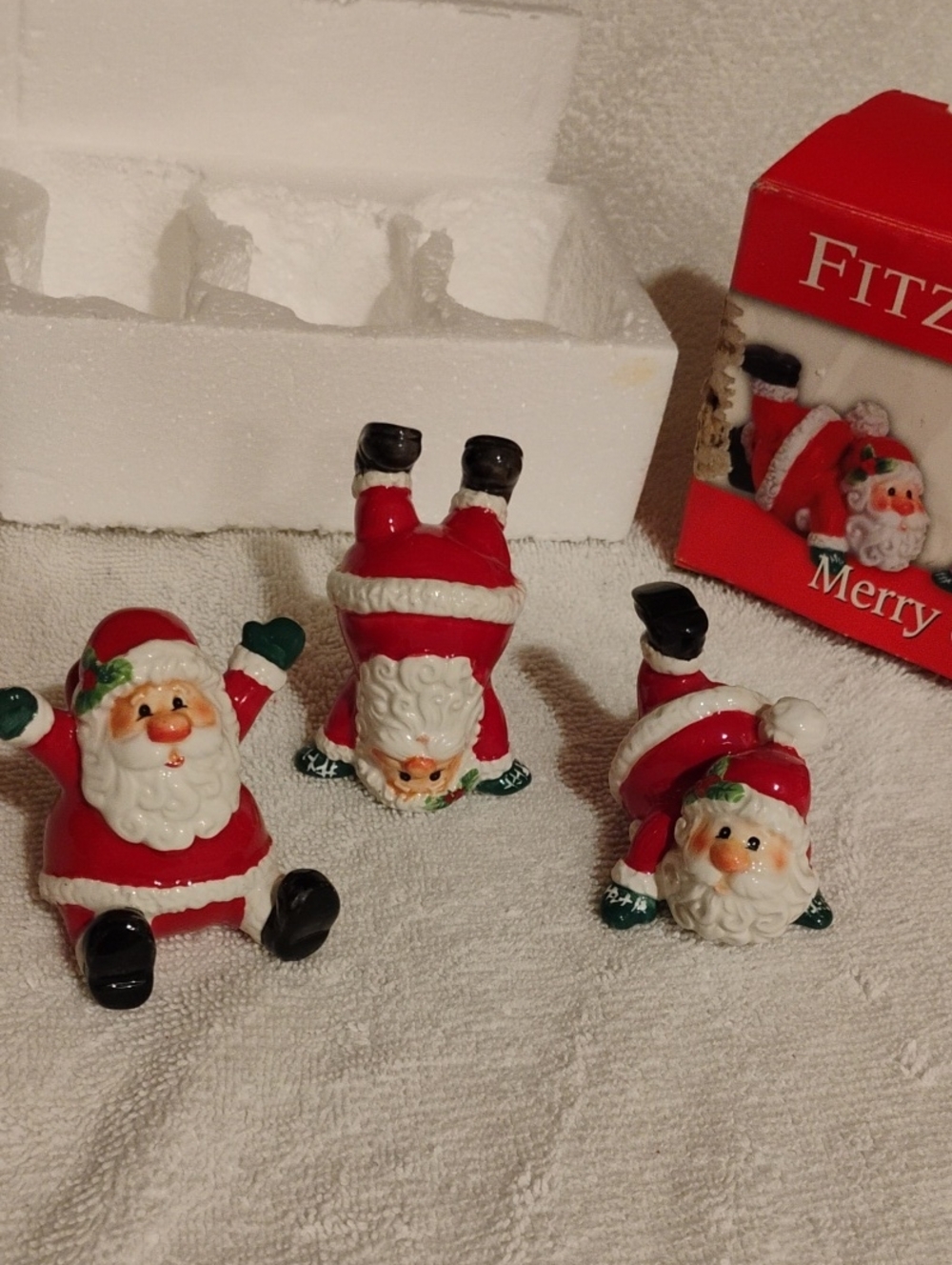 Vintage Fitz and Floyd Red and White Playful Santa Figurine Trio